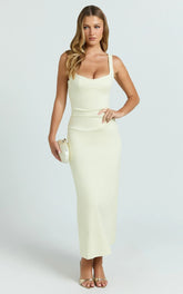 Benita Midi Dress - Scoop Neck Ruched Fitted Dress in Lemon