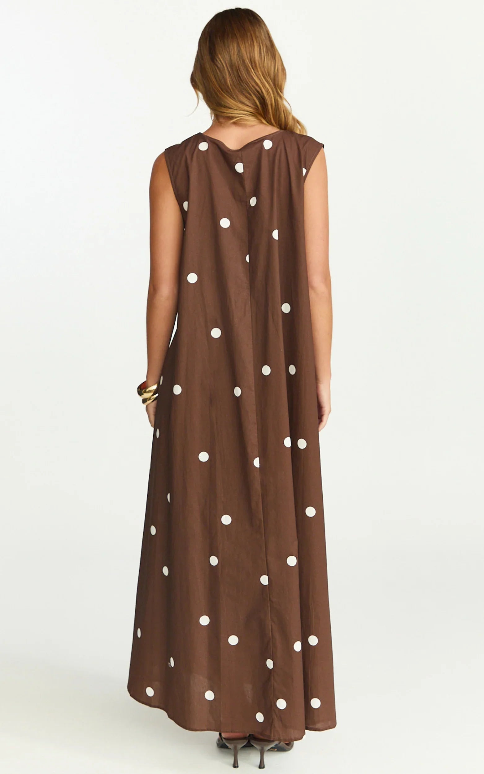 Simone Maxi Dress - U Halter Neck Linen Polkadot Dress in Chocolate